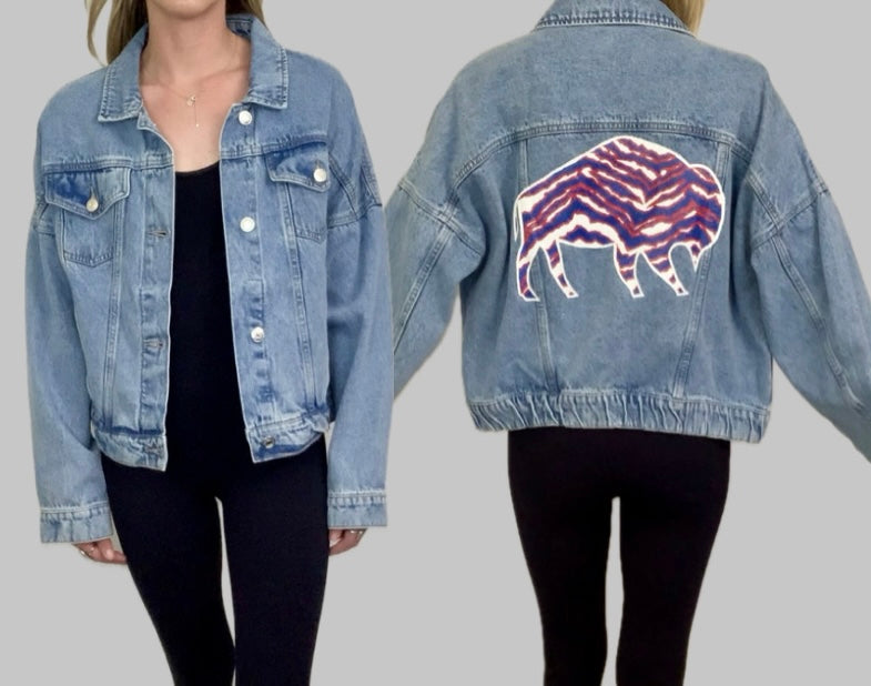 Buffalo Hand-Painted Jean Jacket, Semi Cropped Womens Large