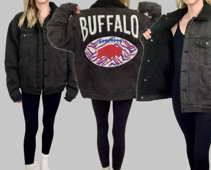 Fuzzy Hand-Painted Buffalo Football Jean Jacket, Unisex Large