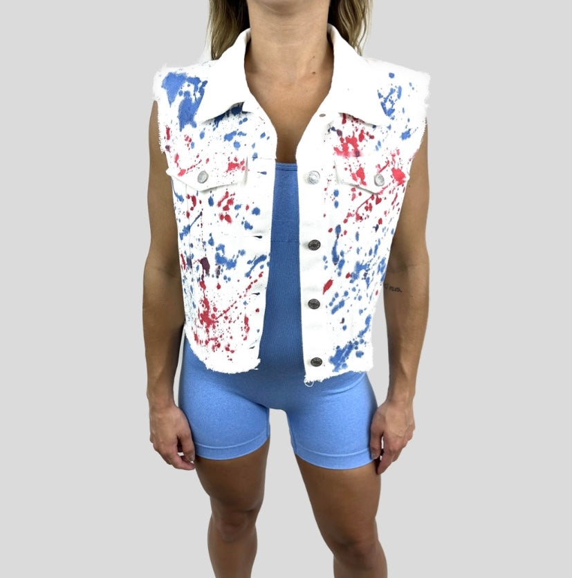 Splatter Print Fringe Vest Jean Jacket