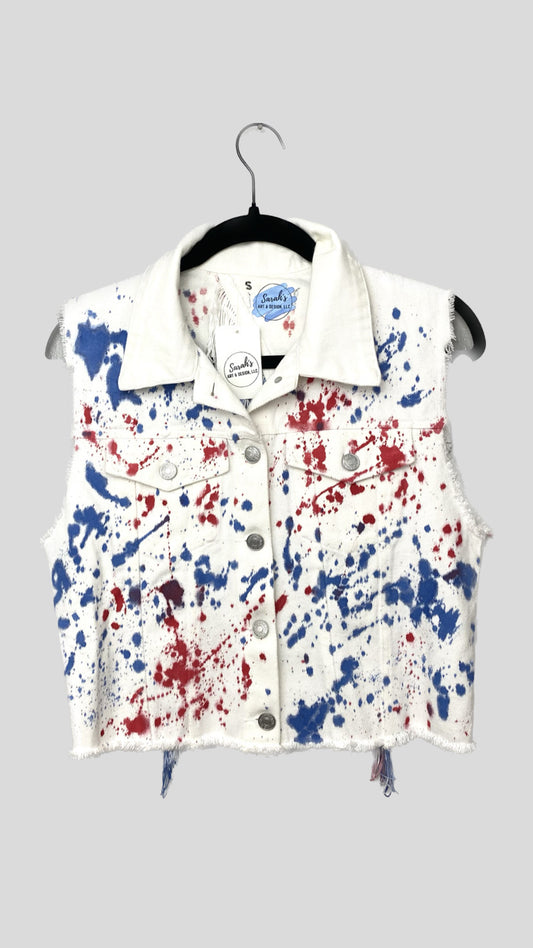 Splatter Print Fringe Vest Jean Jacket