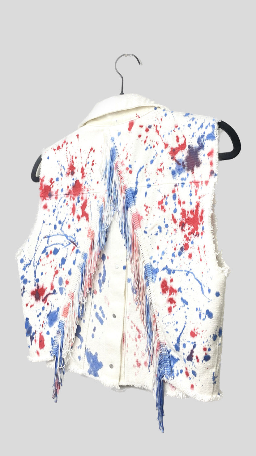 Splatter Print Fringe Vest Jean Jacket