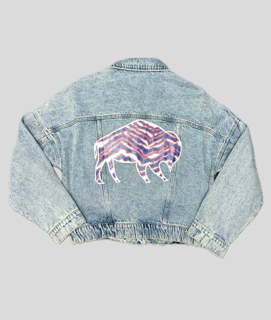 Buffalo Hand-Painted Jean Jacket, Semi Cropped Womens Large