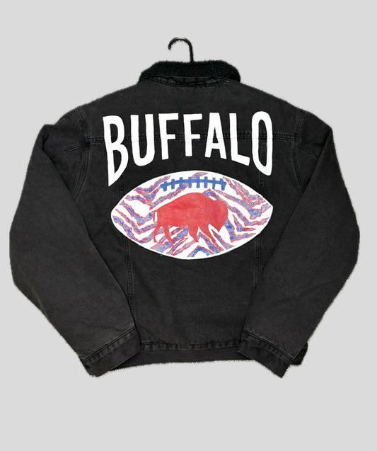 Fuzzy Hand-Painted Buffalo Football Jean Jacket, Unisex Large